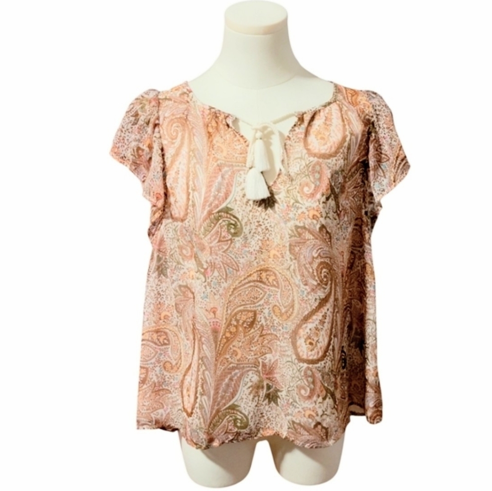 Lucky Brand Shimmery Tan Pink Blue Paisley Bohemian Blouse w Tassles Size Large